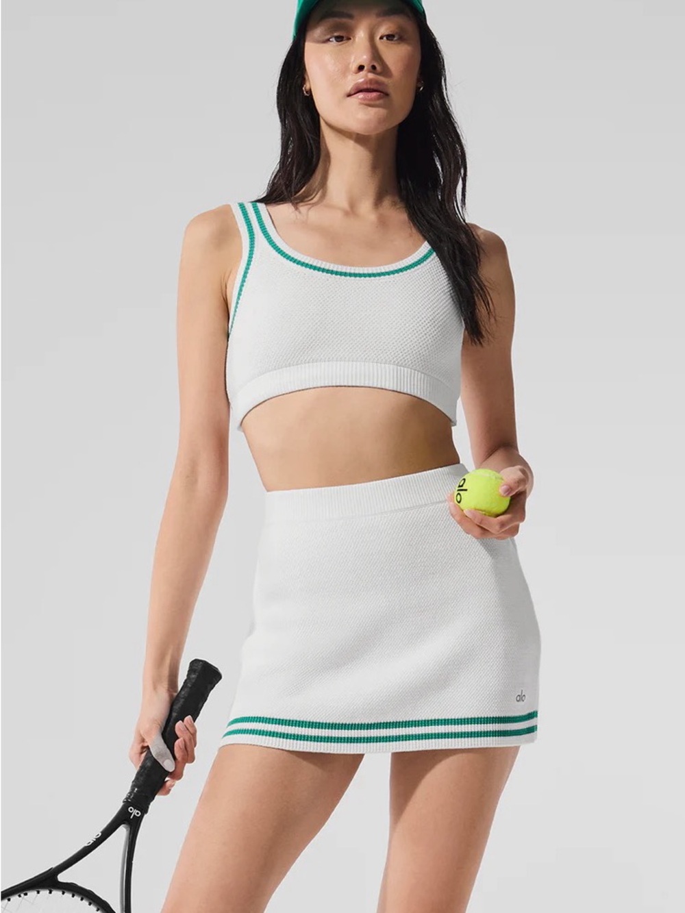 ALO Yoga White Knit Tennis Crop & Skirt Set with Subtle Green Trim - Picture 5 of 5